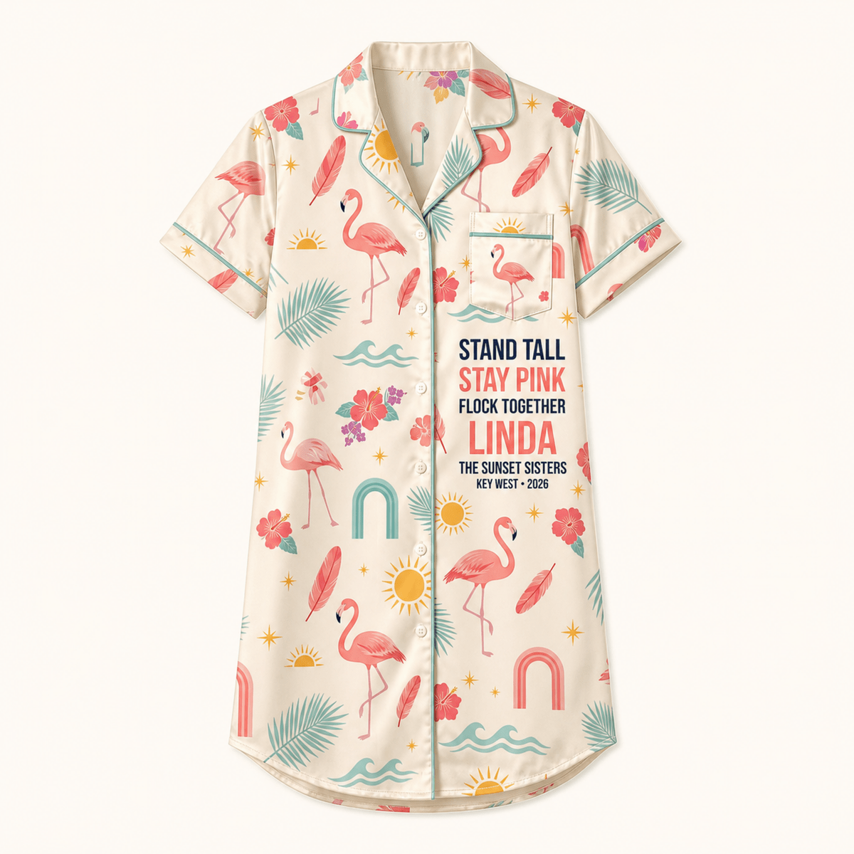 Personalized Flamingo Satin Pajama Shirt Dress | Stand Tall Stay Pink Sleep Dress | Custom Beach Bestie Gift - FlamingoAholic