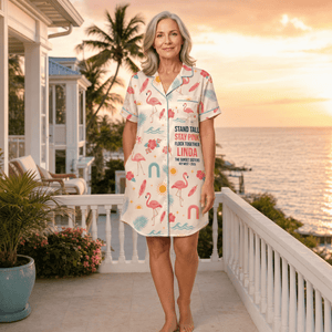 Personalized Flamingo Satin Pajama Shirt Dress | Stand Tall Stay Pink Sleep Dress | Custom Beach Bestie Gift - FlamingoAholic
