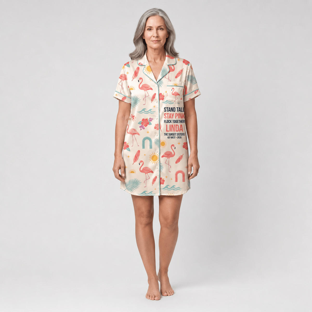Personalized Flamingo Satin Pajama Shirt Dress | Stand Tall Stay Pink Sleep Dress | Custom Beach Bestie Gift - FlamingoAholic