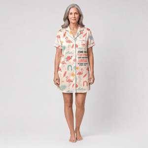 Personalized Flamingo Satin Pajama Shirt Dress | Stand Tall Stay Pink Sleep Dress | Custom Beach Bestie Gift - FlamingoAholic