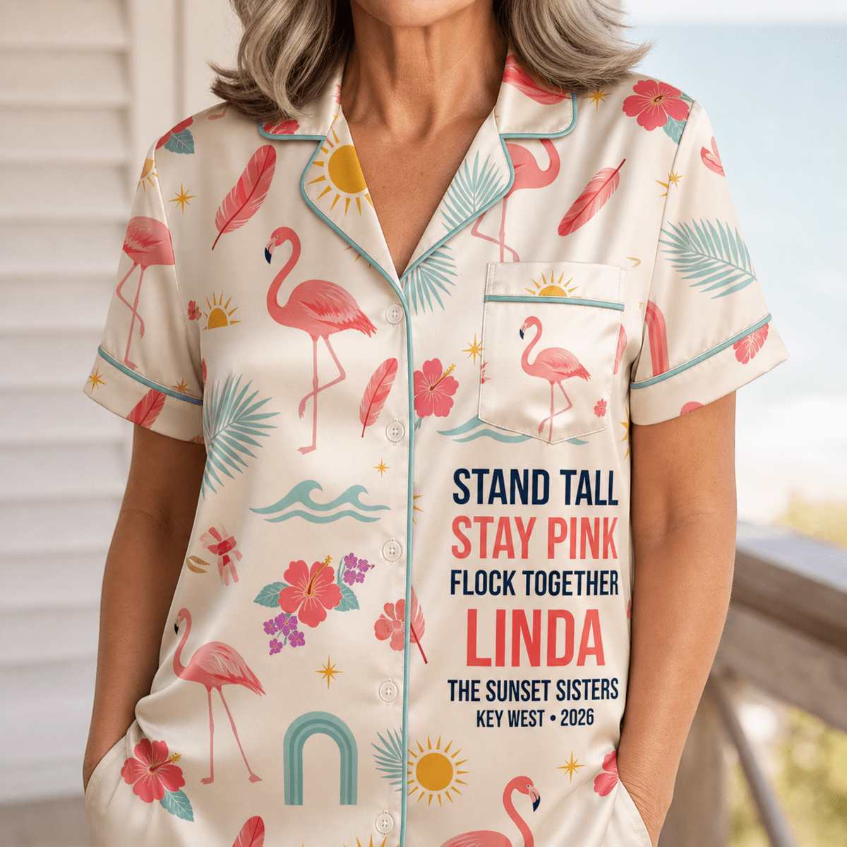 Personalized Flamingo Satin Pajama Shirt Dress | Stand Tall Stay Pink Sleep Dress | Custom Beach Bestie Gift - FlamingoAholic
