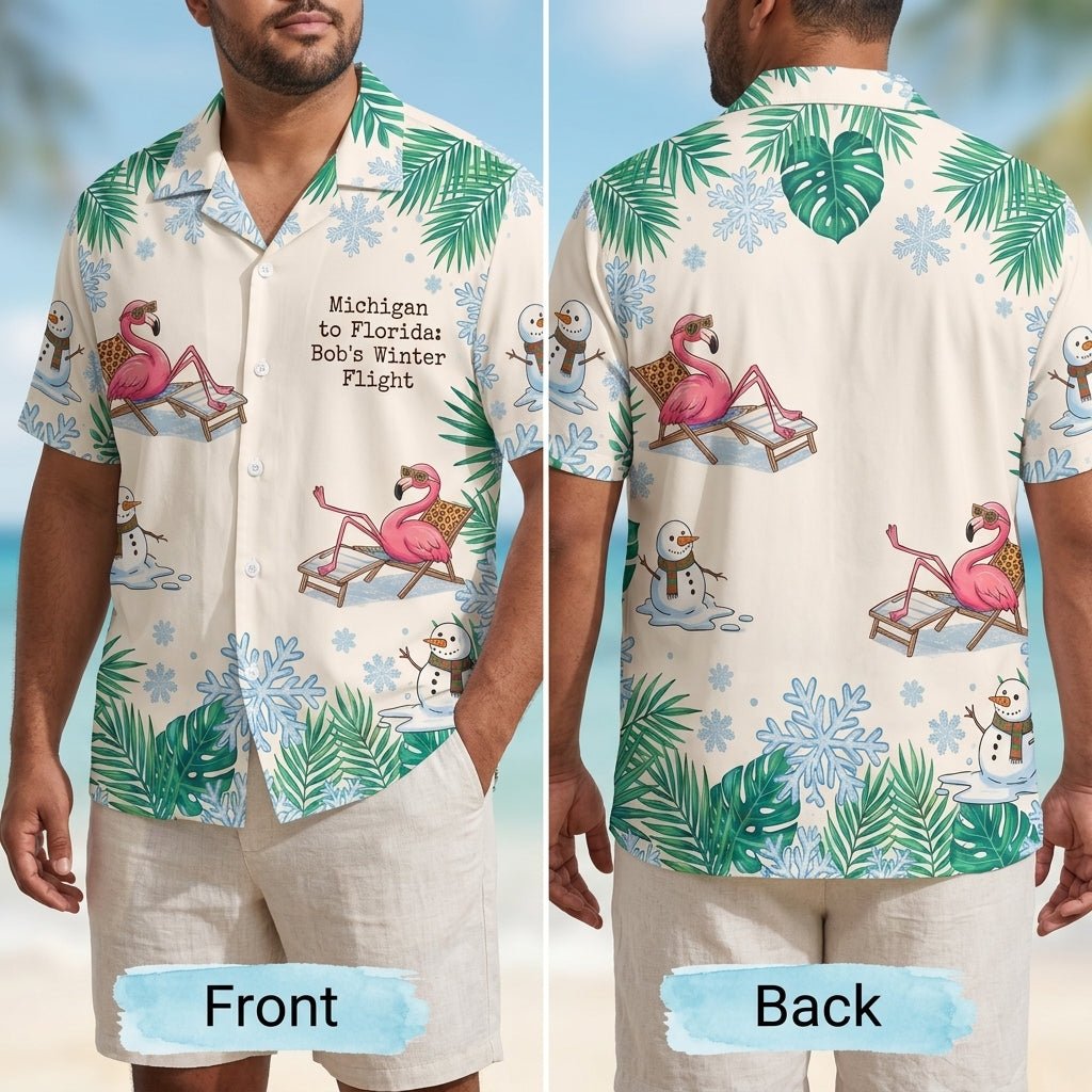 Personalized Flamingo & Snowman Winter Flight Tropical Hawaiian Shirt - FlamingoAholic