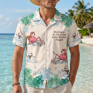 Personalized Flamingo & Snowman Winter Flight Tropical Hawaiian Shirt - FlamingoAholic