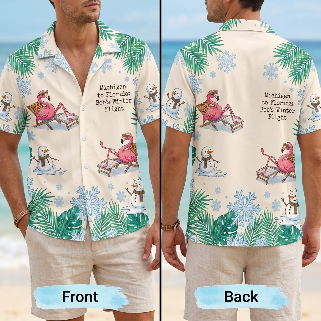 Personalized Flamingo & Snowman Winter Flight Tropical Hawaiian Shirt - FlamingoAholic