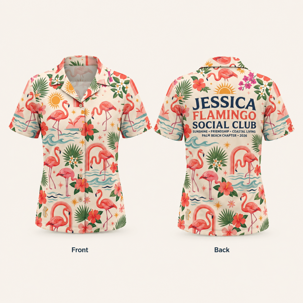 Personalized Flamingo Social Club Hawaiian Shirt for Women | Custom Flamingo Lover Beach Shirt | Palm Beach Coastal Gift - FlamingoAholic