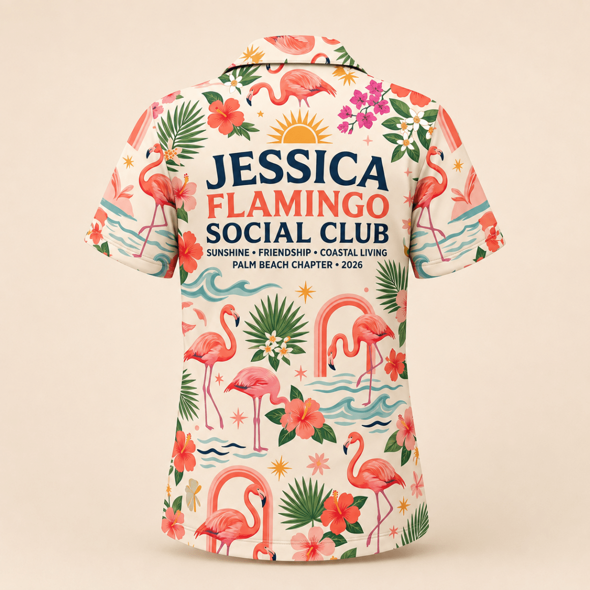 Personalized Flamingo Social Club Hawaiian Shirt for Women | Custom Flamingo Lover Beach Shirt | Palm Beach Coastal Gift - FlamingoAholic