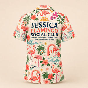 Personalized Flamingo Social Club Hawaiian Shirt for Women | Custom Flamingo Lover Beach Shirt | Palm Beach Coastal Gift - FlamingoAholic