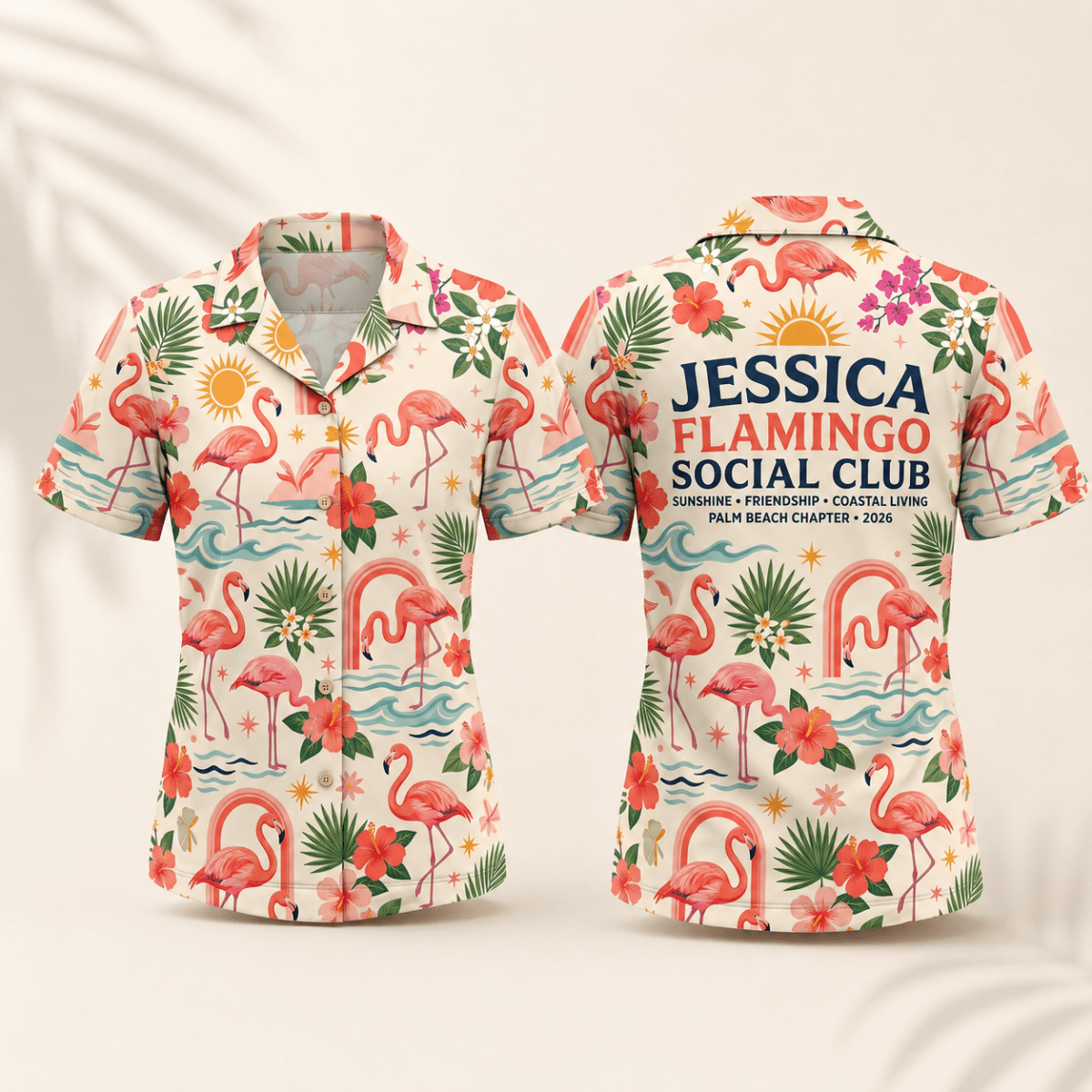 Personalized Flamingo Social Club Hawaiian Shirt for Women | Custom Flamingo Lover Beach Shirt | Palm Beach Coastal Gift - FlamingoAholic