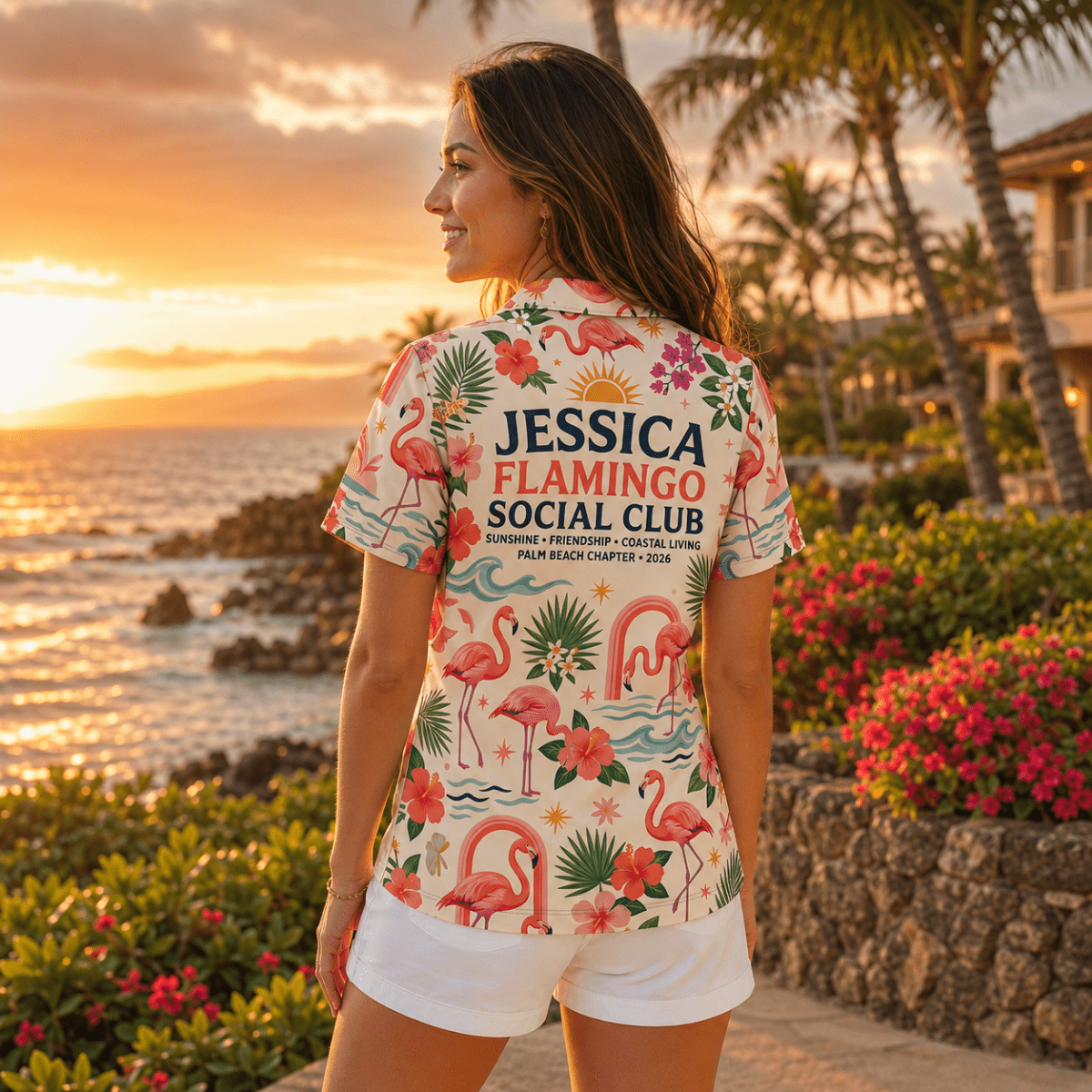Personalized Flamingo Social Club Hawaiian Shirt for Women | Custom Flamingo Lover Beach Shirt | Palm Beach Coastal Gift - FlamingoAholic