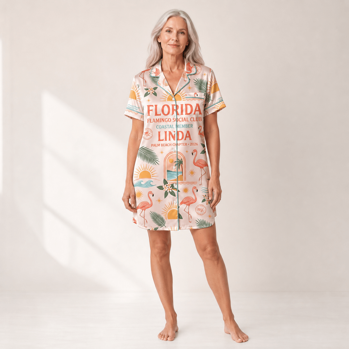 Personalized Flamingo Social Club Satin Pajama Shirt Dress | Coastal Member Sleep Shirt | Palm Beach Luxury Sleepwear - FlamingoAholic