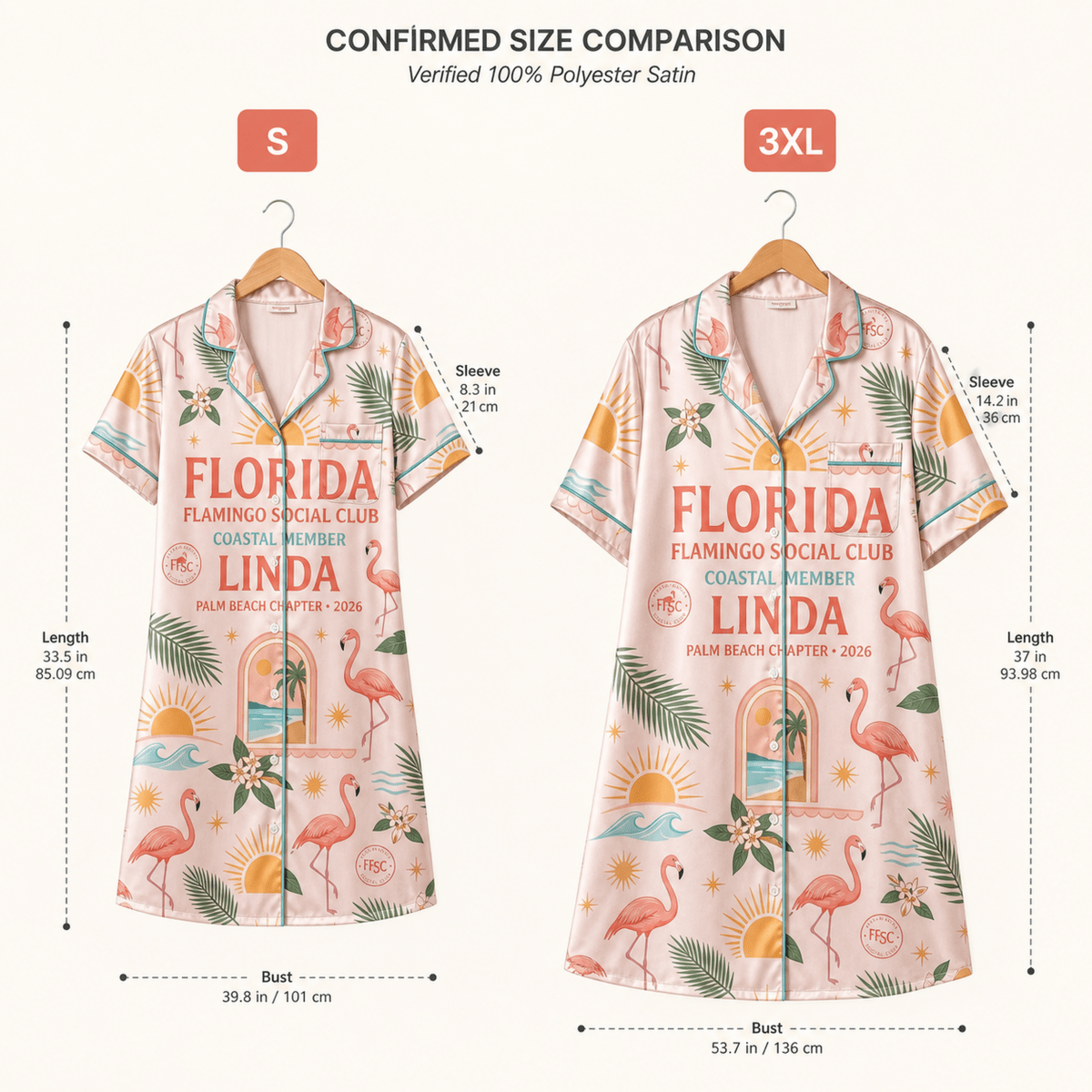 Personalized Flamingo Social Club Satin Pajama Shirt Dress | Coastal Member Sleep Shirt | Palm Beach Luxury Sleepwear - FlamingoAholic