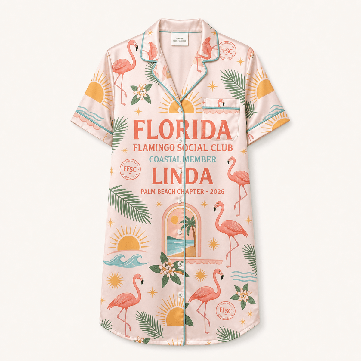Personalized Flamingo Social Club Satin Pajama Shirt Dress | Coastal Member Sleep Shirt | Palm Beach Luxury Sleepwear - FlamingoAholic