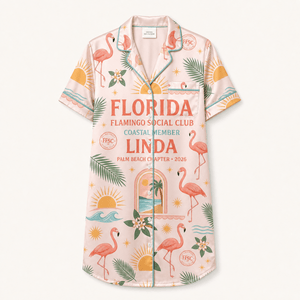 Personalized Flamingo Social Club Satin Pajama Shirt Dress | Coastal Member Sleep Shirt | Palm Beach Luxury Sleepwear - FlamingoAholic