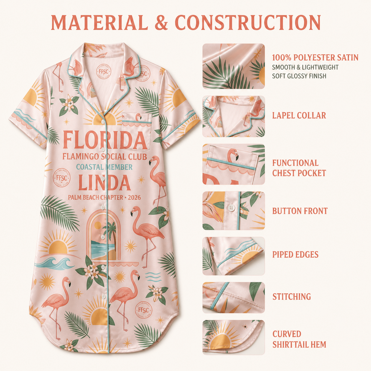 Personalized Flamingo Social Club Satin Pajama Shirt Dress | Coastal Member Sleep Shirt | Palm Beach Luxury Sleepwear - FlamingoAholic
