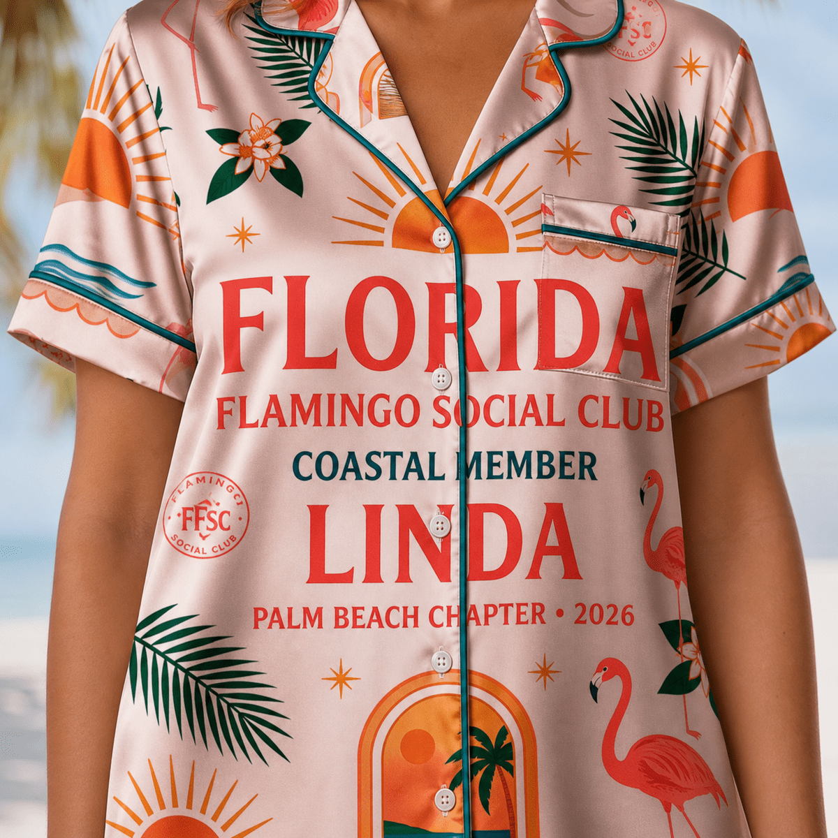 Personalized Flamingo Social Club Satin Pajama Shirt Dress | Coastal Member Sleep Shirt | Palm Beach Luxury Sleepwear - FlamingoAholic