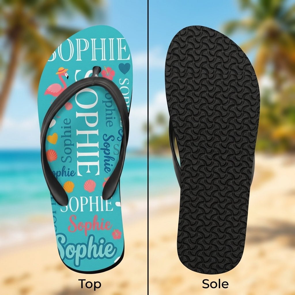 Personalized Flamingo Turquoise Flip Flops - Custom Name Beach Summer Sandals Gift - FlamingoAholic