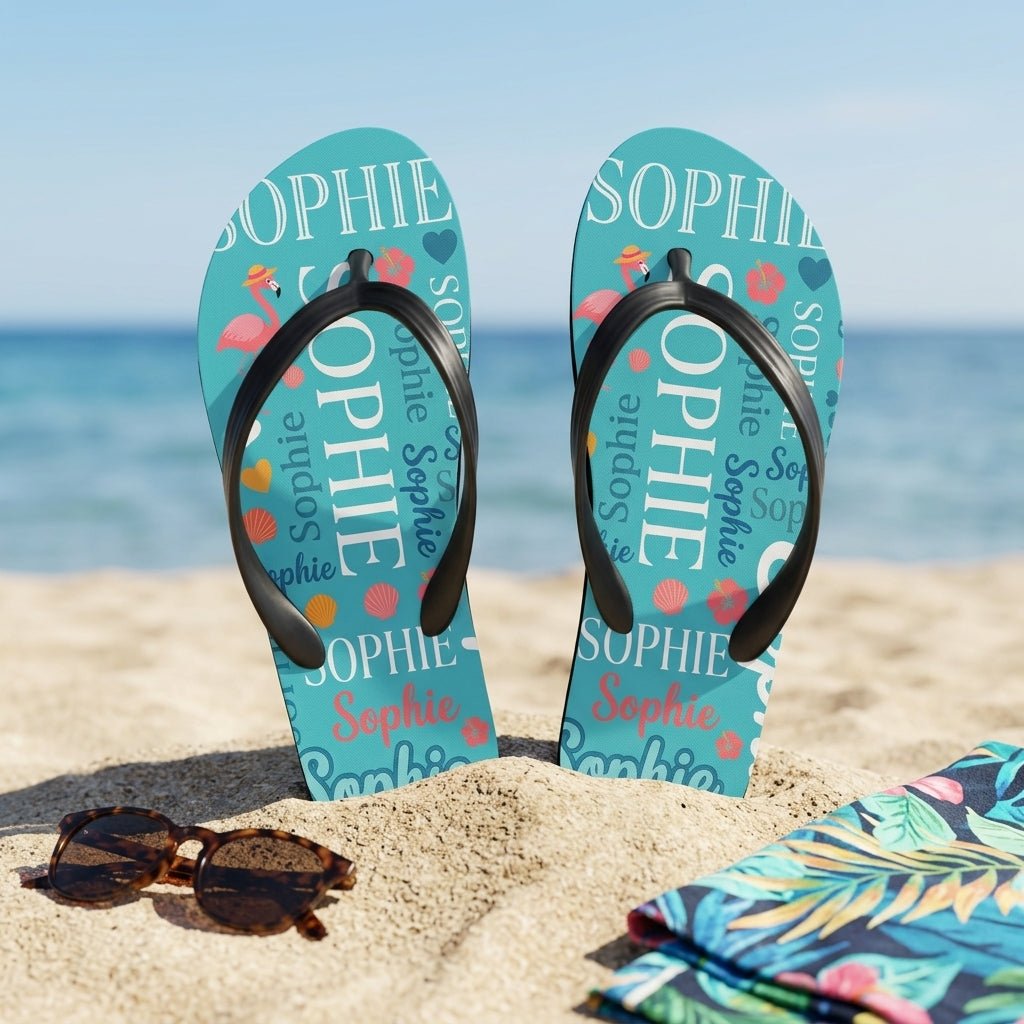 Personalized Flamingo Turquoise Flip Flops - Custom Name Beach Summer Sandals Gift - FlamingoAholic