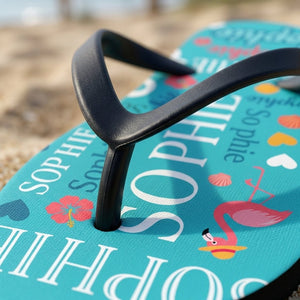 Personalized Flamingo Turquoise Flip Flops - Custom Name Beach Summer Sandals Gift - FlamingoAholic