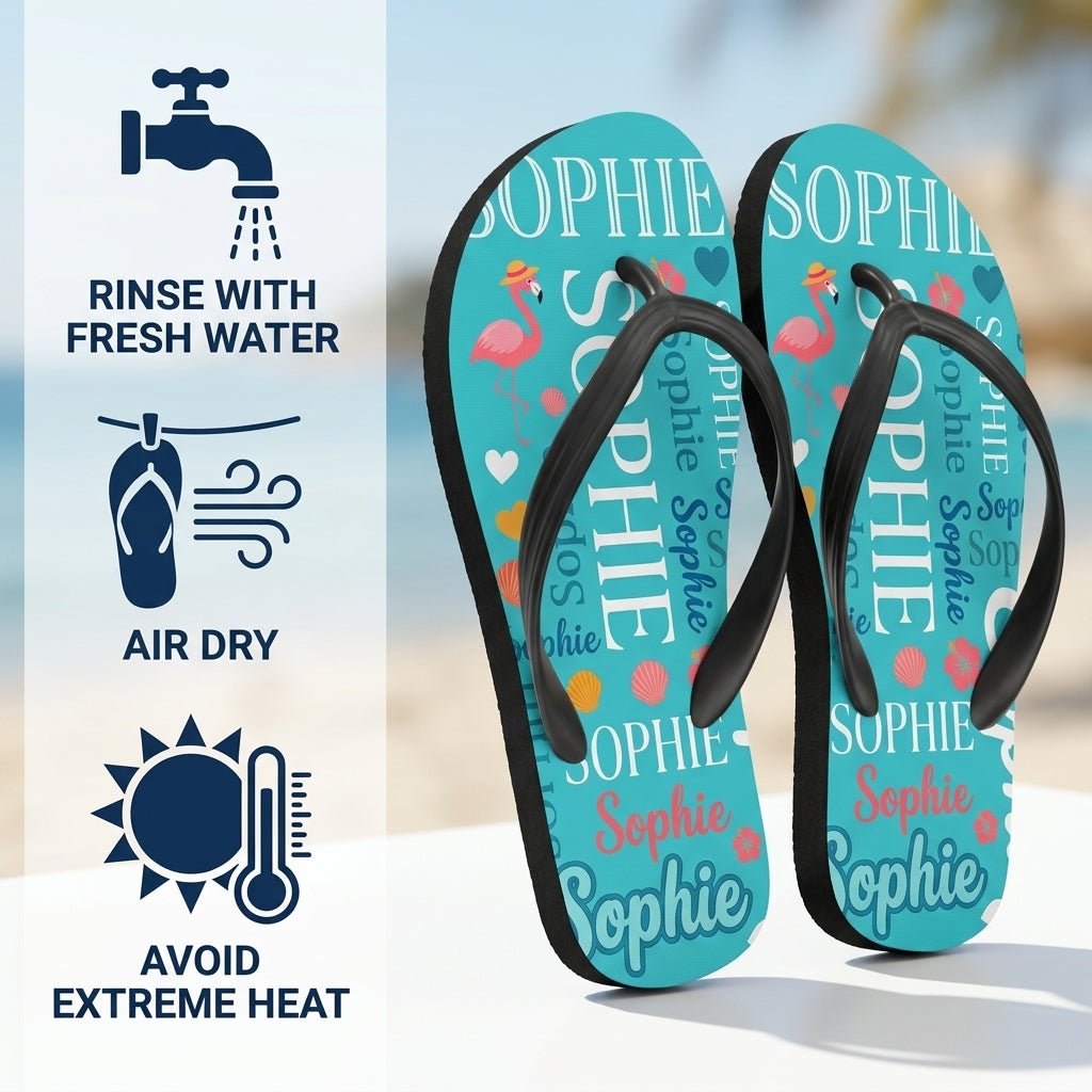 Personalized Flamingo Turquoise Flip Flops - Custom Name Beach Summer Sandals Gift - FlamingoAholic