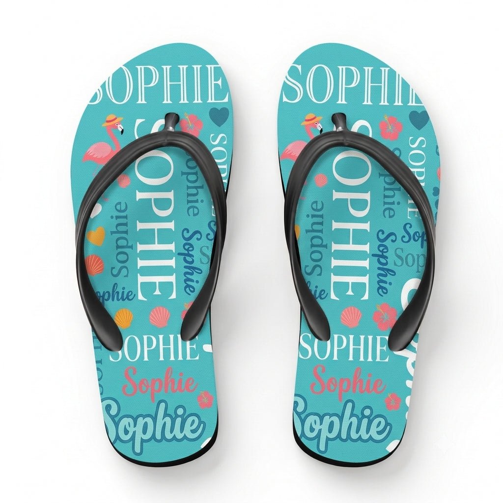 Personalized Flamingo Turquoise Flip Flops - Custom Name Beach Summer Sandals Gift - FlamingoAholic