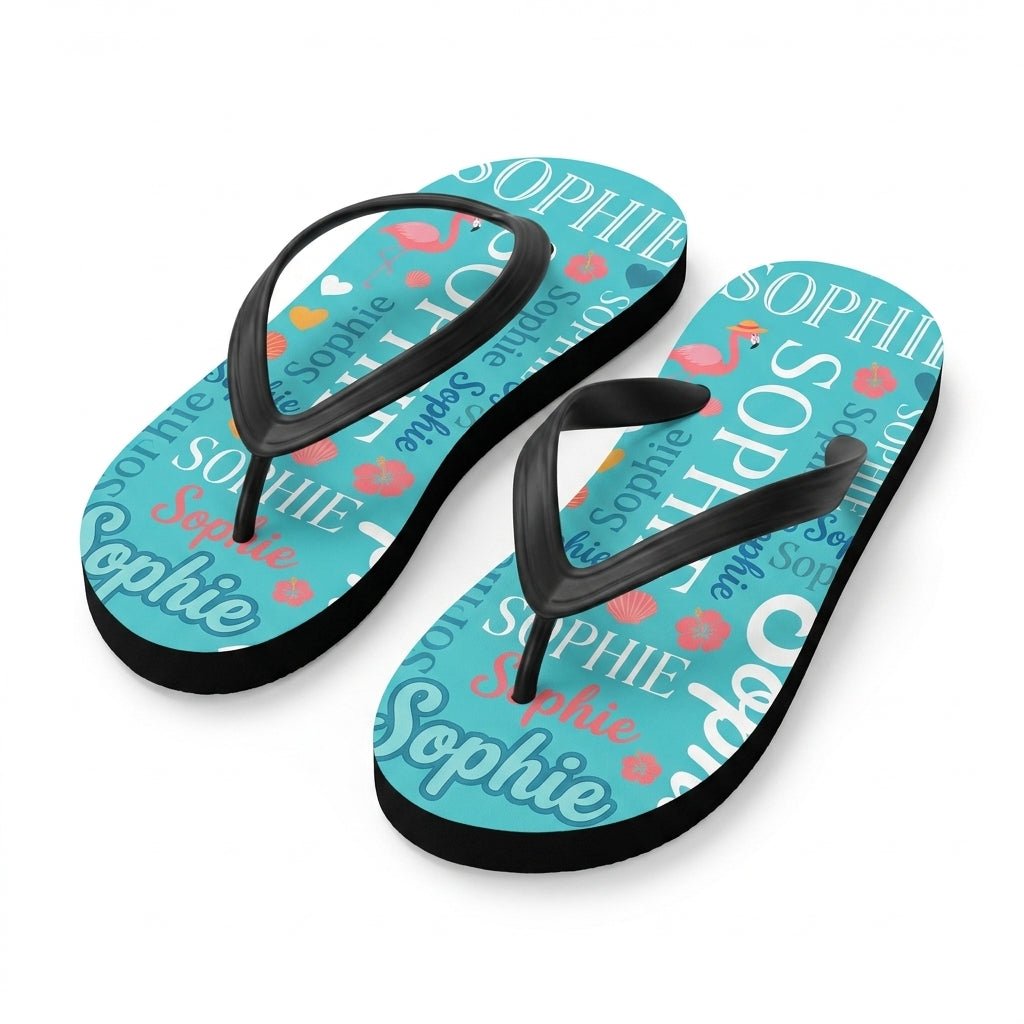 Personalized Flamingo Turquoise Flip Flops - Custom Name Beach Summer Sandals Gift - FlamingoAholic