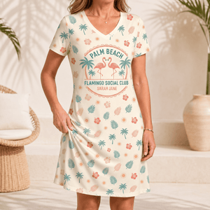 Personalized Flamingo V-Neck Dress | Palm Beach Social Club Summer Dress for Women - FlamingoAholic