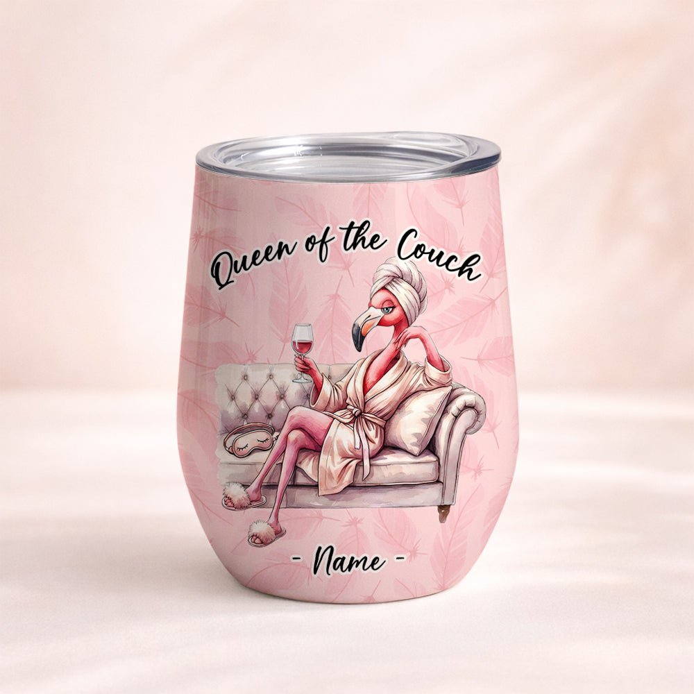Personalized Flamingo Wine Tumbler - Queen of the Couch Custom Name Gift for Her - FlamingoAholic