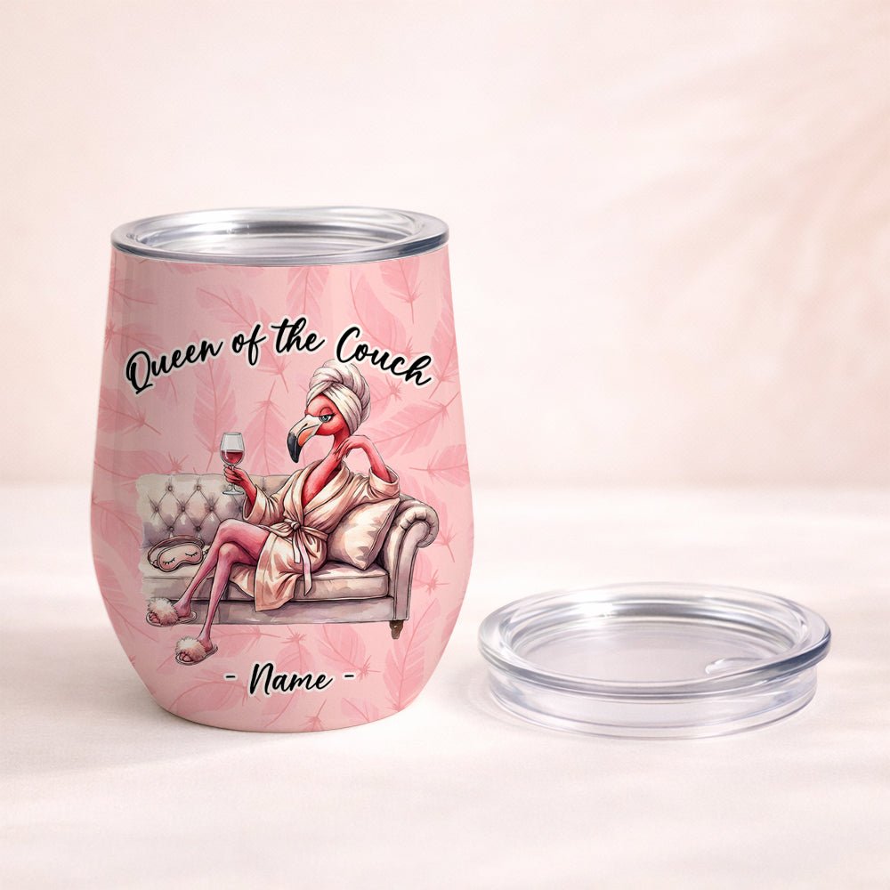 Personalized Flamingo Wine Tumbler - Queen of the Couch Custom Name Gift for Her - FlamingoAholic