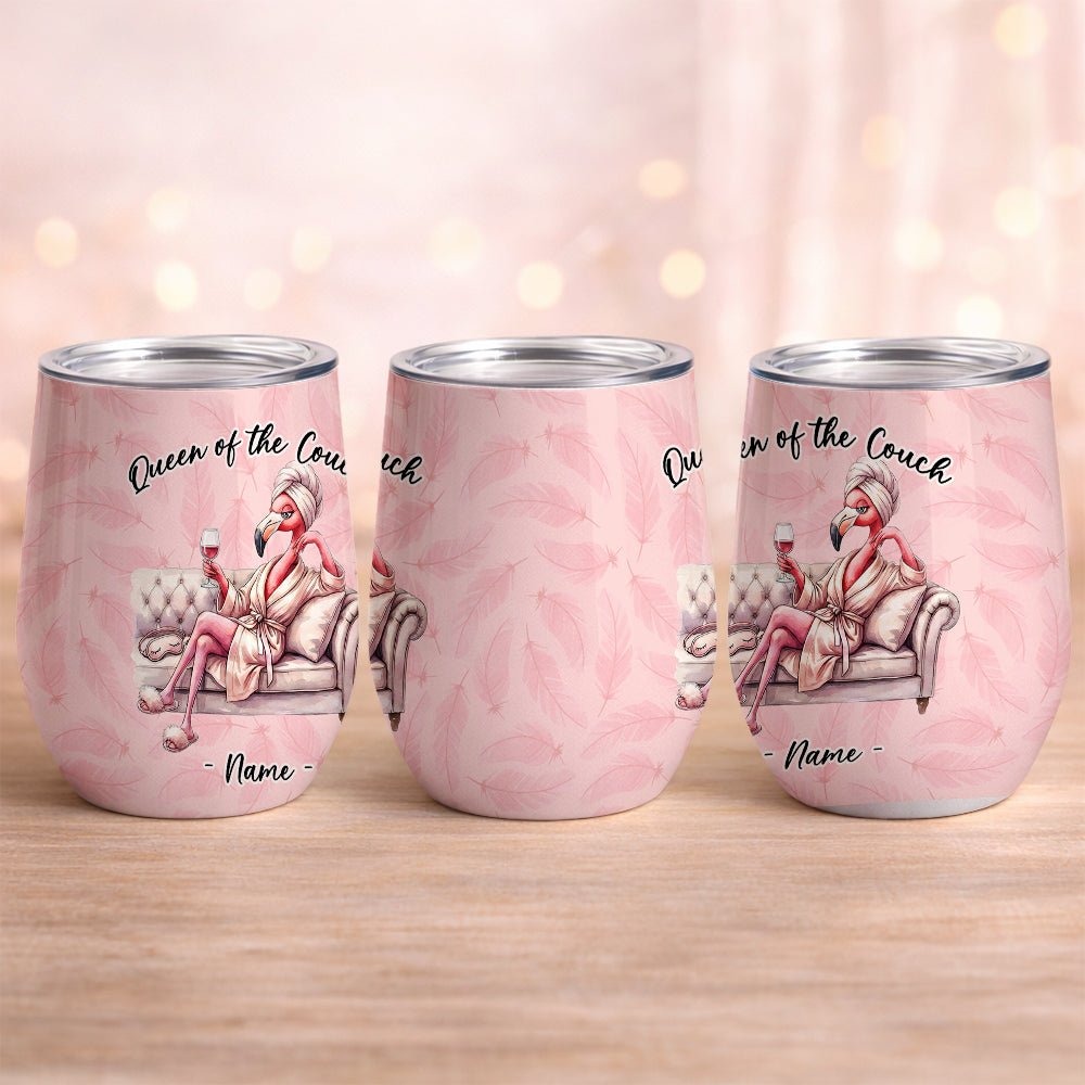 Personalized Flamingo Wine Tumbler - Queen of the Couch Custom Name Gift for Her - FlamingoAholic