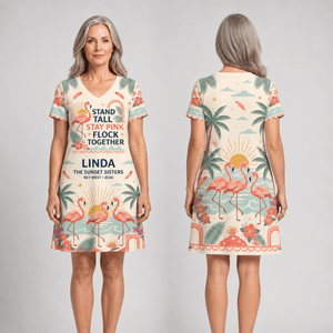 Personalized Flamingo Women's Fine Jersey V-Neck Dress | Stand Tall Stay Pink Dress - FlamingoAholic