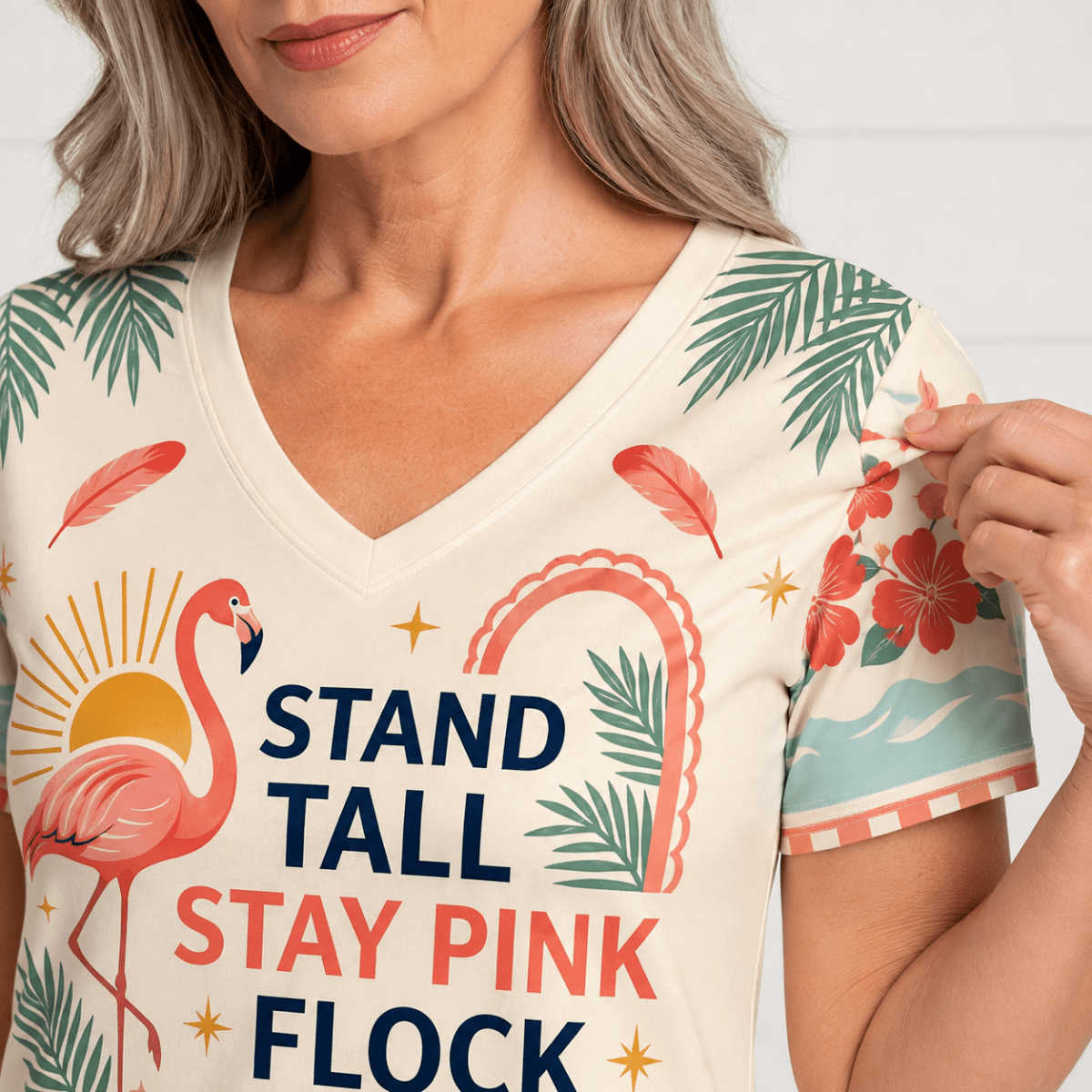 Personalized Flamingo Women's Fine Jersey V-Neck Dress | Stand Tall Stay Pink Dress - FlamingoAholic