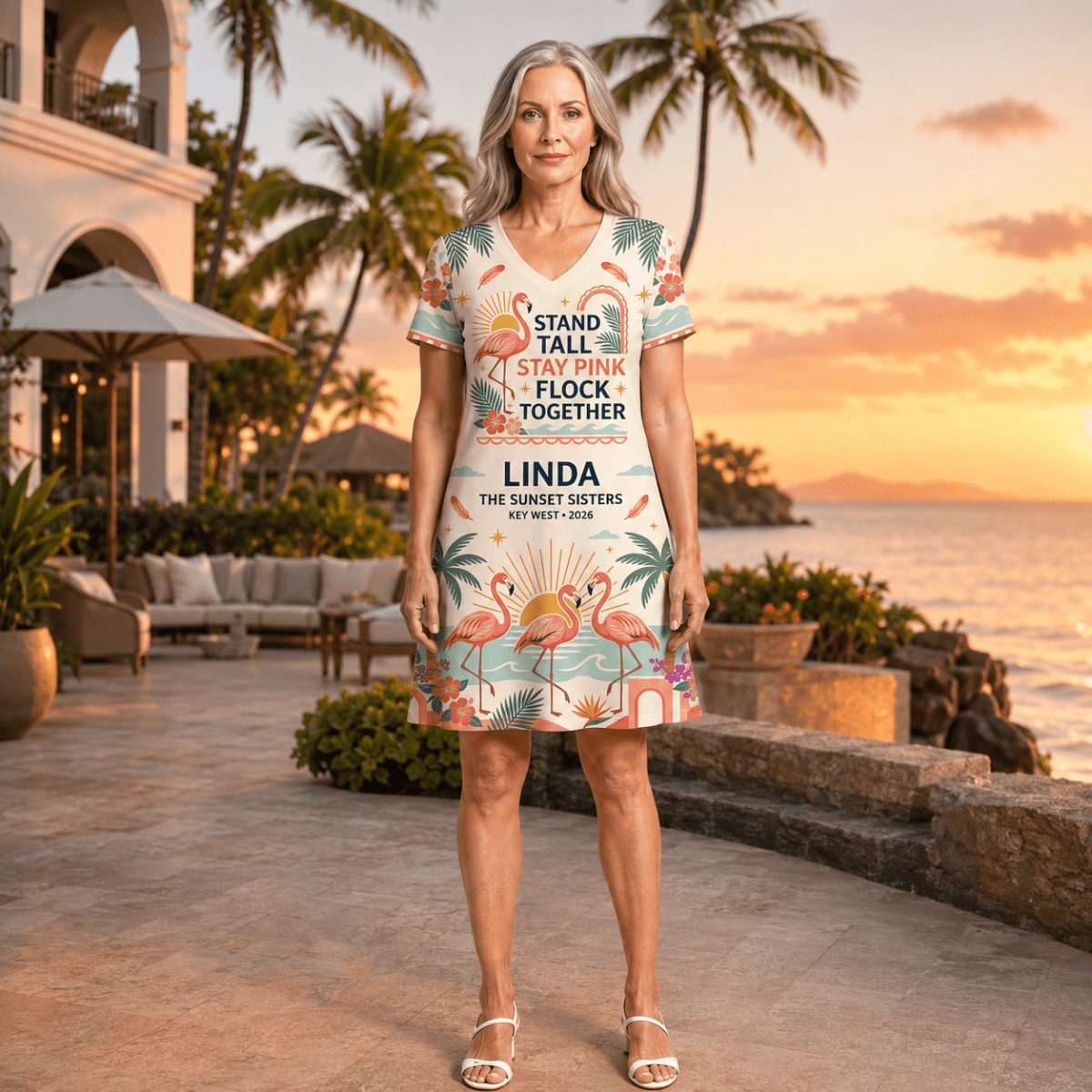 Personalized Flamingo Women's Fine Jersey V-Neck Dress | Stand Tall Stay Pink Dress - FlamingoAholic
