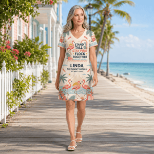 Personalized Flamingo Women's Fine Jersey V-Neck Dress | Stand Tall Stay Pink Dress - FlamingoAholic