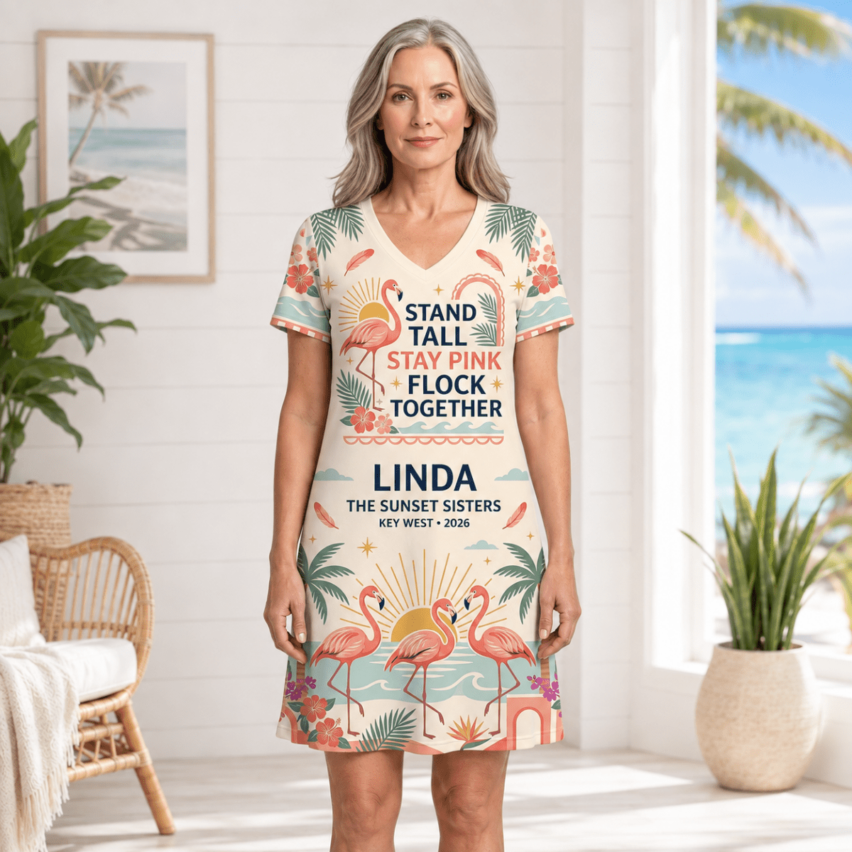 Personalized Flamingo Women's Fine Jersey V-Neck Dress | Stand Tall Stay Pink Dress - FlamingoAholic