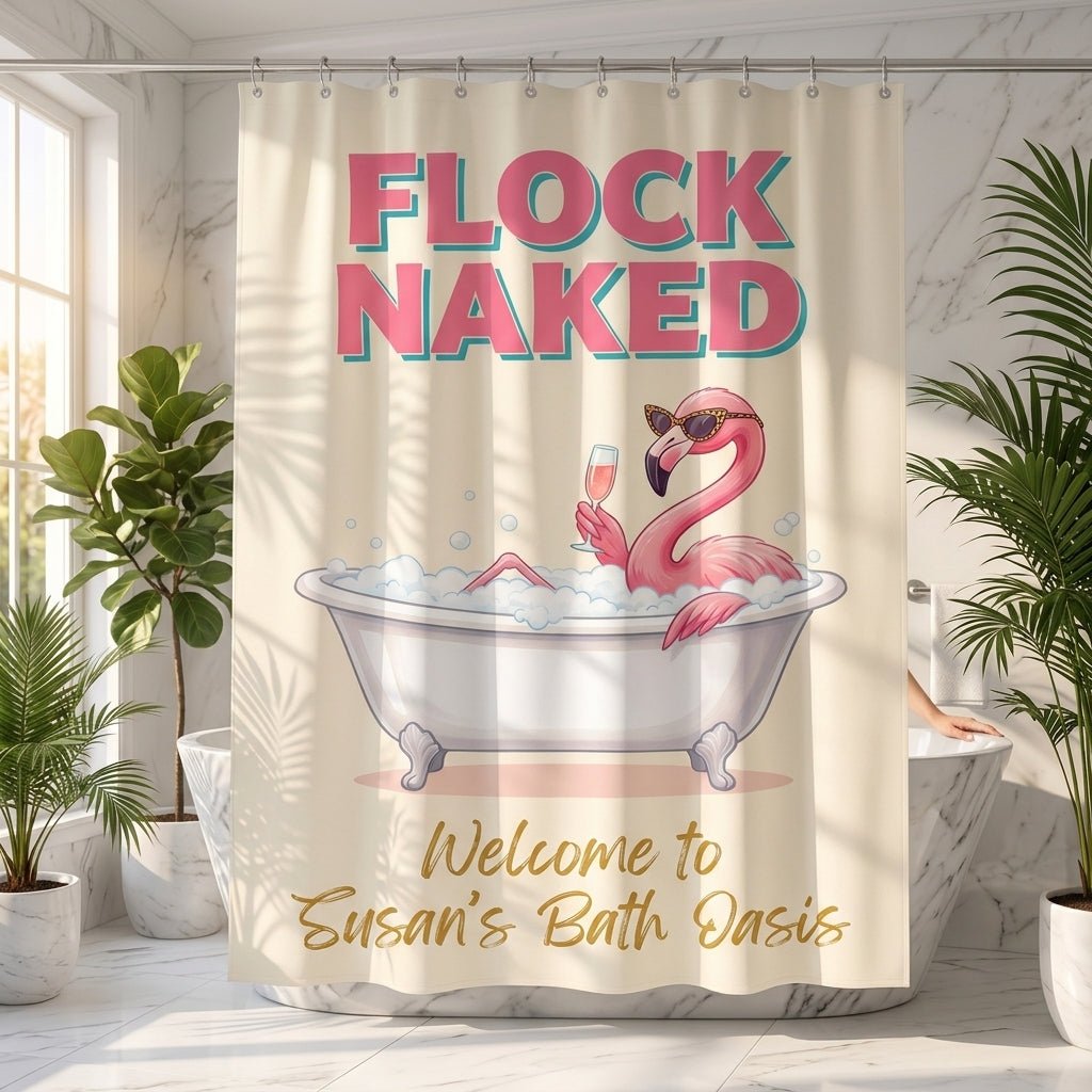 Personalized Flock Naked Flamingo Welcome To Bath Oasis Shower Curtain - FlamingoAholic