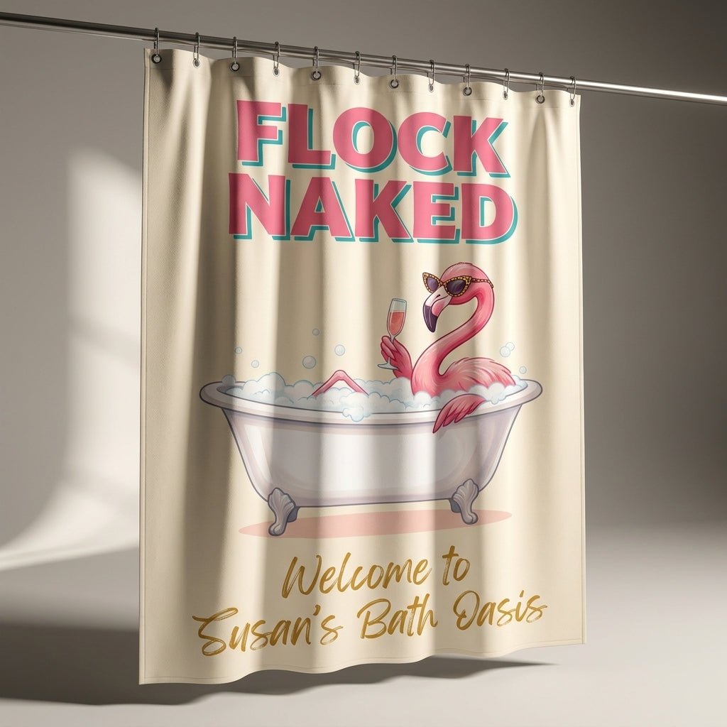 Personalized Flock Naked Flamingo Welcome To Bath Oasis Shower Curtain - FlamingoAholic