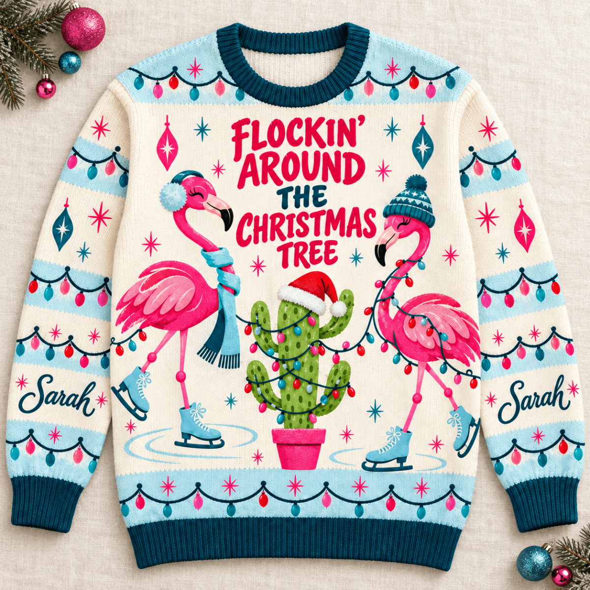 Personalized Flockin’ Around The Christmas Tree Flamingo Knitted Sweater & Cardigan - FlamingoAholic