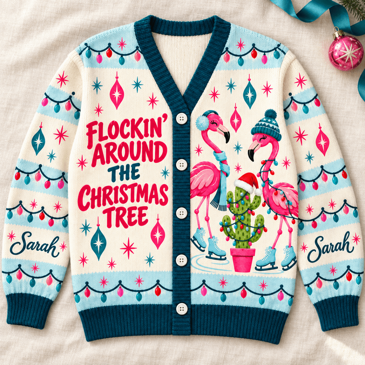 Personalized Flockin’ Around The Christmas Tree Flamingo Knitted Sweater & Cardigan - FlamingoAholic