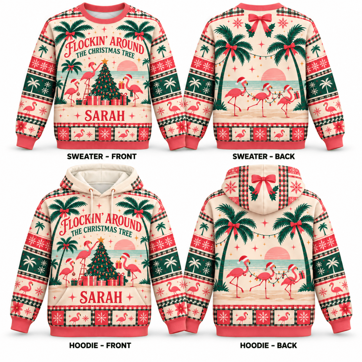 Personalized Flockin’ Around The Christmas Tree Flamingo Sweater & Hoodie - FlamingoAholic