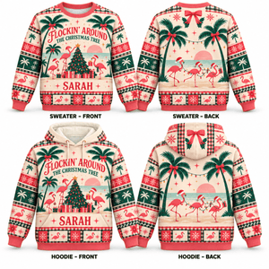 Personalized Flockin’ Around The Christmas Tree Flamingo Sweater & Hoodie - FlamingoAholic