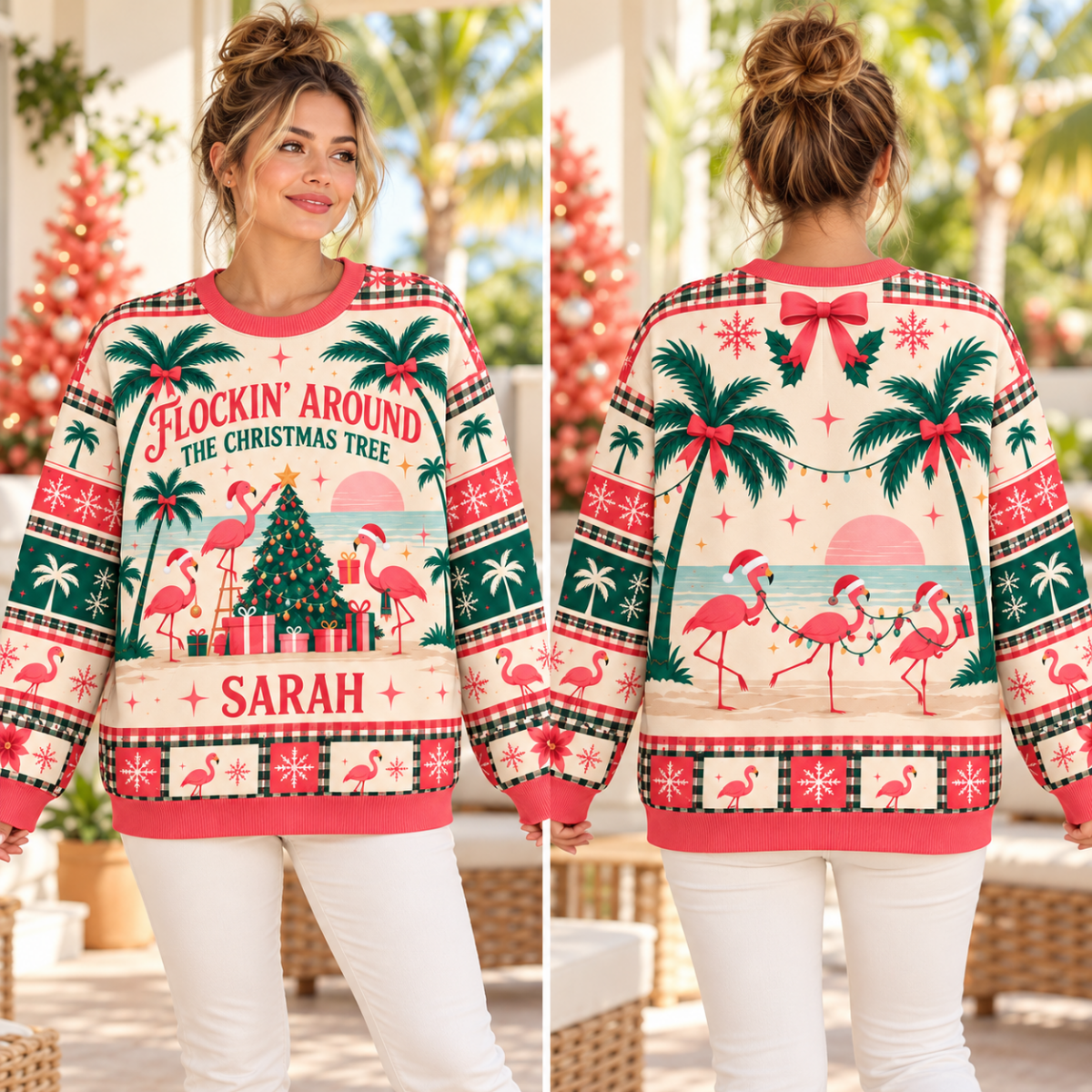 Personalized Flockin’ Around The Christmas Tree Flamingo Sweater & Hoodie - FlamingoAholic