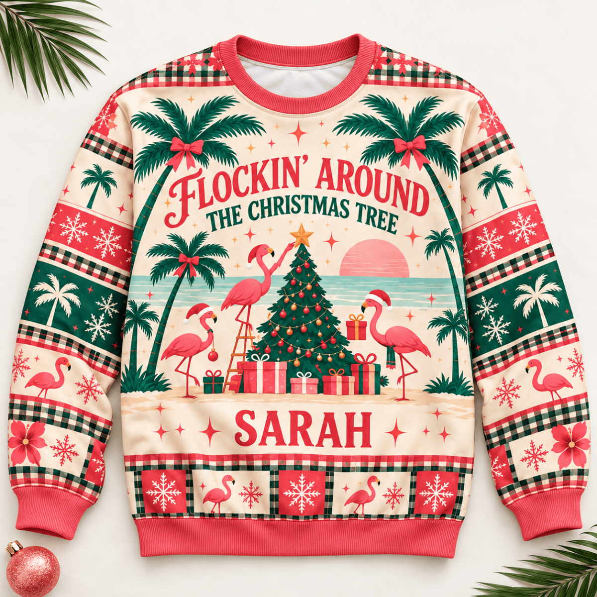 Personalized Flockin’ Around The Christmas Tree Flamingo Sweater & Hoodie - FlamingoAholic