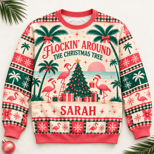 Personalized Flockin’ Around The Christmas Tree Flamingo Sweater & Hoodie - FlamingoAholic