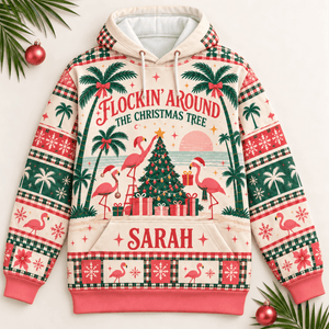 Personalized Flockin’ Around The Christmas Tree Flamingo Sweater & Hoodie - FlamingoAholic