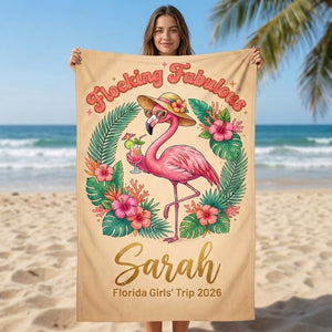 Personalized Flocking Fabulous Flamingo Girls' Trip Custom Beach Towel - FlamingoAholic