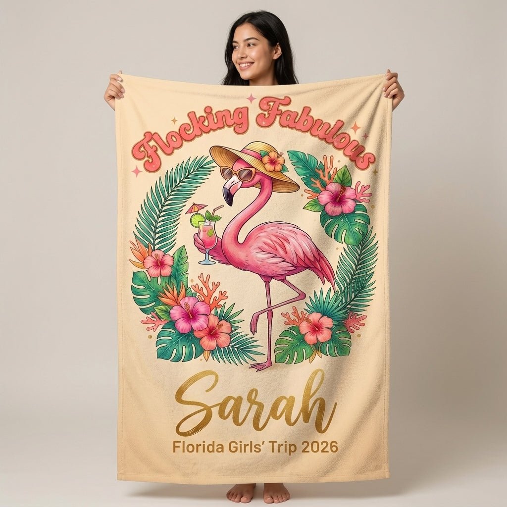 Personalized Flocking Fabulous Flamingo Girls' Trip Custom Beach Towel - FlamingoAholic