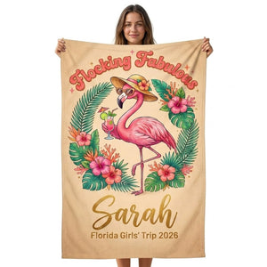 Personalized Flocking Fabulous Flamingo Girls' Trip Custom Beach Towel - FlamingoAholic