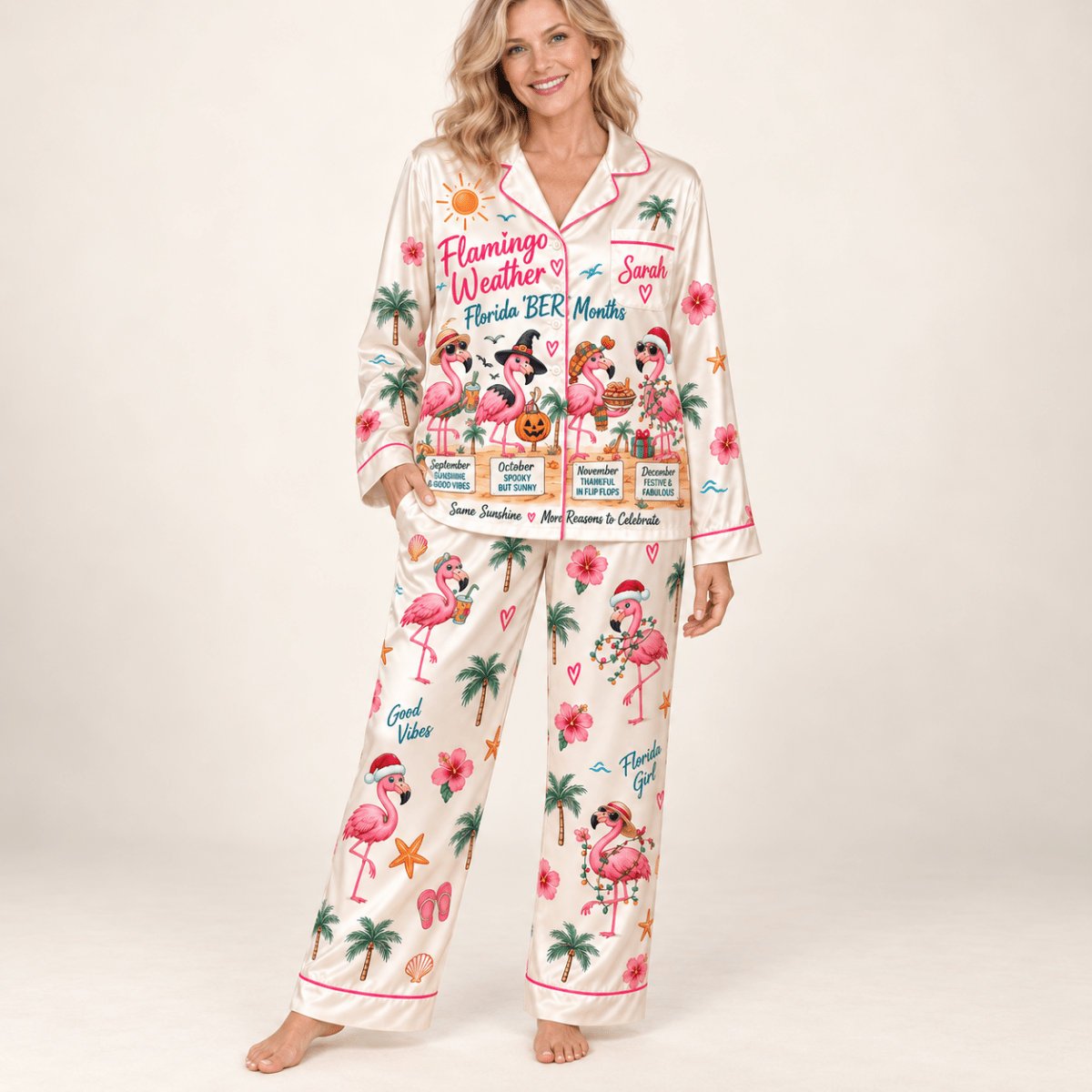 Personalized Florida BER Months Flamingo Satin Pajama Set for Women - FlamingoAholic