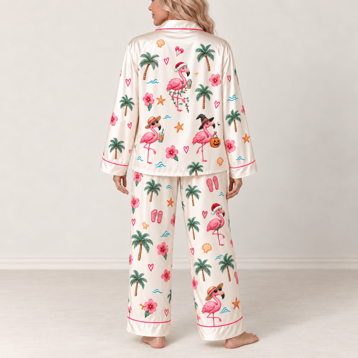 Personalized Florida BER Months Flamingo Satin Pajama Set for Women - FlamingoAholic