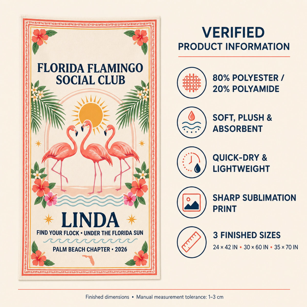 Personalized Florida Flamingo Beach Towel | Custom Pool Towel | Tropical Vacation Gift - FlamingoAholic
